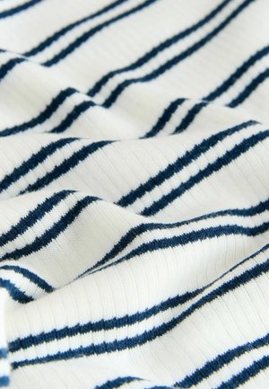 Cotton fabric featuring a white base with alternating navy blue stripes. The texture appears ribbed and slightly stretchy.