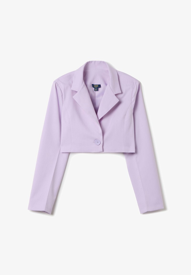 Blazer raccourci en lavande clair, avec des manches longues, des revers à cran, une fermeture à un bouton et une texture de tissu lisse.