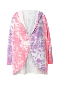 Chaqueta con capucha y abertura frontal en estampado tie-dye rosa y púrpura, hecha de una tela suave con un corte relajado y mangas tres cuartos.