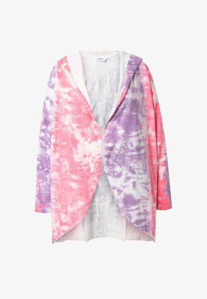 Hoodie-Jacke mit offenen Vorderteilen in pink-lila Batik, aus weichem Material, mit lockerer Passform und Dreiviertelärmeln.