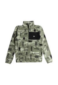 Fleece-Pullover in Olivgrün mit schwarzen abstrakten Mustern, ausgestattet mit einem Viertelreißverschluss, hohem Kragen und einer schwarzen Brusttasche mit Logo.
