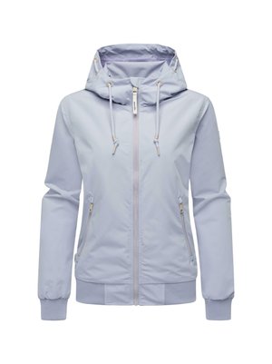 Light lavender windbreaker jacket, featuring a hood, front zip closure, two side pockets, and ribbed cuffs for a snug fit.