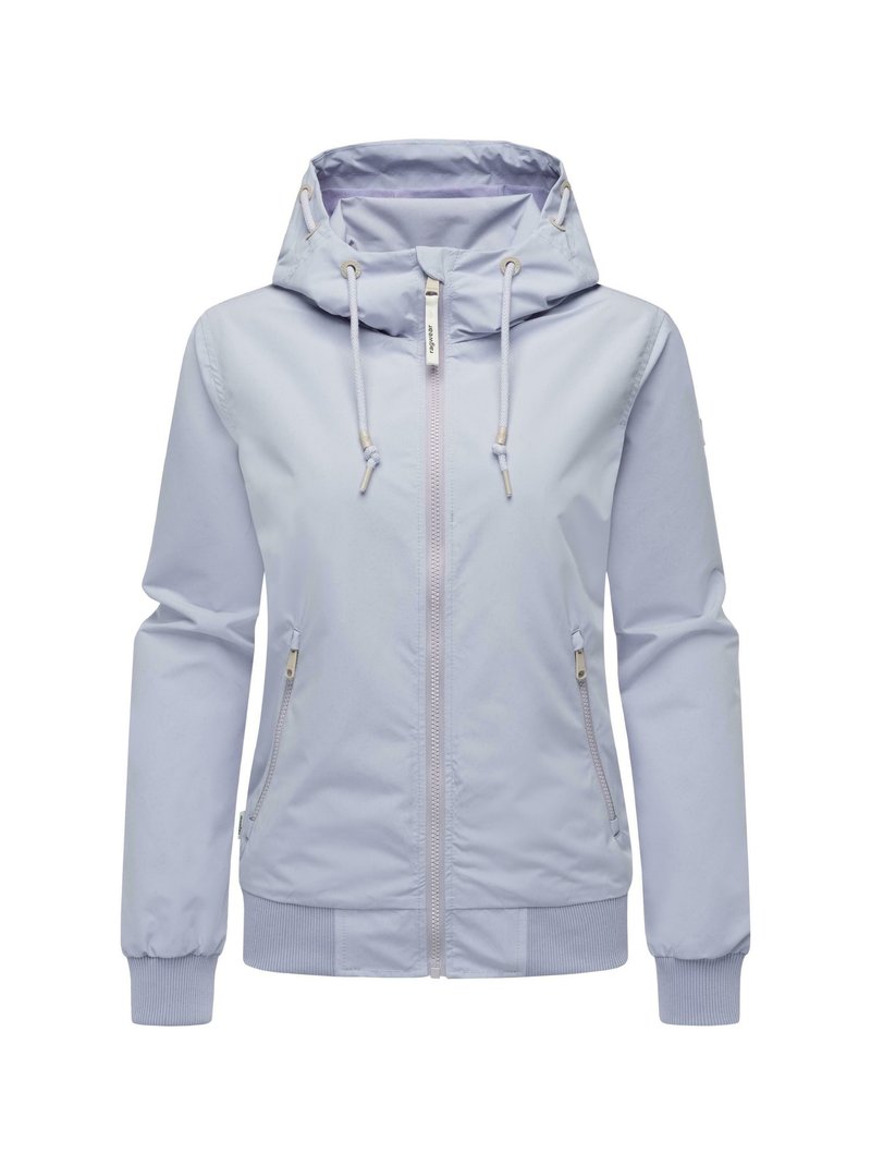 Lys lavendel vindjakke med hette, frontlukking med glidelås, to sidelommer og ribbestrikkede mansjetter for en tett passform.