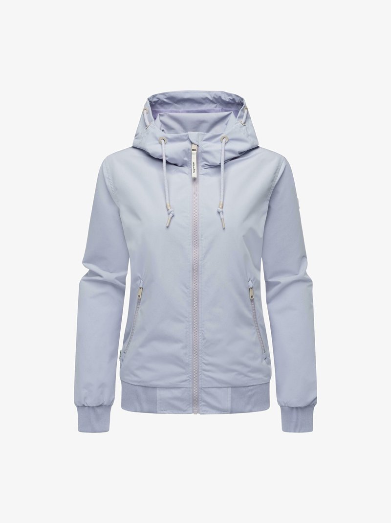 Lys lavendel vindjakke med hette, frontlukking med glidelås, to sidelommer og ribbestrikkede mansjetter for en tett passform.