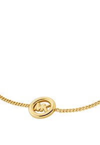 Pulsera dorada con un diseño de cadena retorcida y un charm central redondo que presenta las iniciales "MK". Superficie suave y brillante.