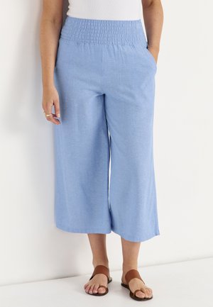 Kobieta nosząca jasnoniebieskie szerokie spodnie o długości do połowy łydki z marszczonym pasem, biały top i brązowe płaskie sandały.