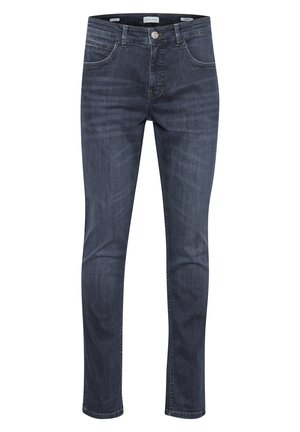 Dunkelblaue Denim-Jeans mit schlankem Schnitt, ausgestattet mit fünf Taschen, hellen Nähten und einem klassischen Reißverschluss mit Knopfverschluss.