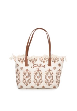 Borsa tote bianca con ricamo floreale marrone, bordo superiore sfrangiato, manici marroni e logo "MC2 Saint Barth" sul davanti.