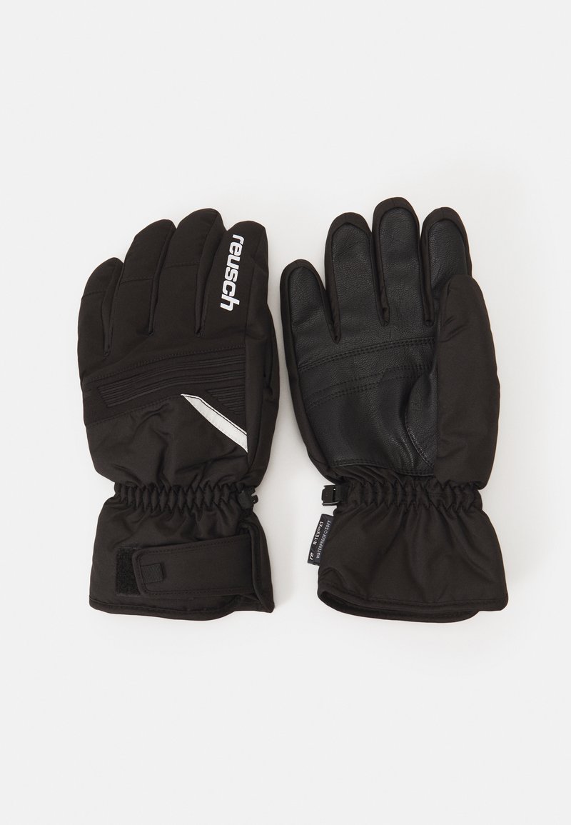 Black winter gloves with a textured leather palm, soft fabric body, elastic wrist, and adjustable Velcro strap for a snug fit.