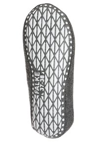 Soletta in feltro grigio con fondo bianco caratterizzato da un motivo a diamante e bordo cucito. Contrassegnata con "FALKE 37-38." Texture liscia, forma flessibile.