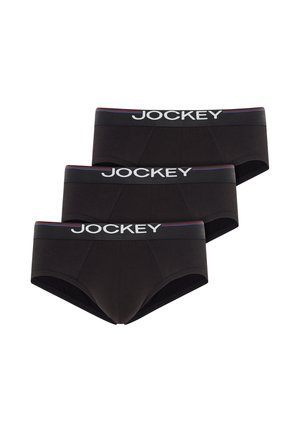 Three black men's brief-style underwear with branded elastic waistbands reading "JOCKEY" and thin red and blue stripes on the waistband.