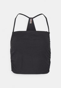 Top preto de alças finas ajustáveis, textura franzida nas laterais e um design de costas triangular. Tecido leve e suave.