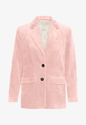 Roosa säärise pehme jakk, millel on oletuslapel, kaks esist, mustad nupud ja vertikaalne sooneline tekstuur. Siseosa on kaetud siledaga.