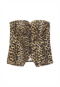 Korzetový top bez ramínek s leopardím potiskem, s předním zapínáním na knoflíky a strukturovanými švy pro přiléhavý siluetu.