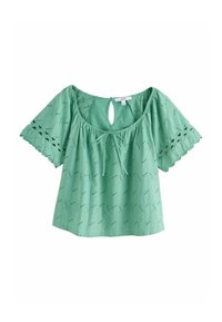 Mintgroene blouse met een ronde halslijn, korte flared mouwen en een strikdetail. Bevat uitsnijdingen en een textuurstof.