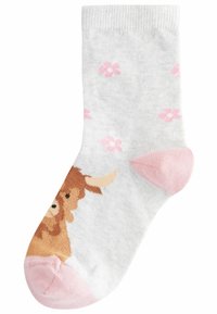 Calzini grigi chiari con una texture a costine, caratterizzati da un'illustrazione di una mucca delle Highlands marrone e motivi floreali rosa, con la punta e il tallone rosa.