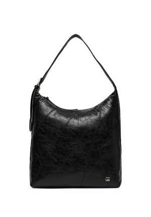 Bolso de hombro de cuero negro con una sola correa, costuras texturizadas y un pequeño logo plateado en la esquina inferior derecha.