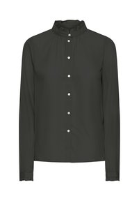 Blouse noire à manches longues avec un col montant volanté et des poignets, présentant une rangée de boutons blancs à l'avant.