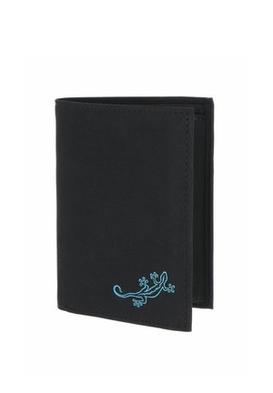 Portefeuille noir bifold avec un petit logo lézard bleu en bas à droite, présenté fermé sur fond blanc.
