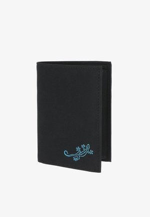Black bifold wallet with a small blue lizard logo on the bottom right corner, shown closed against a white background.