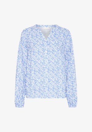 Light blue blouse with a textured, speckled pattern in white. It features a V-neck, long sleeves, and a button front closure.