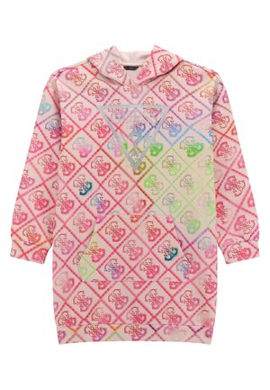 Hættetrøje lavet af blødt stof med et pink, flerfarvet diamantmønster og et stort sølvfarvet trekantet logo på frontlommen.