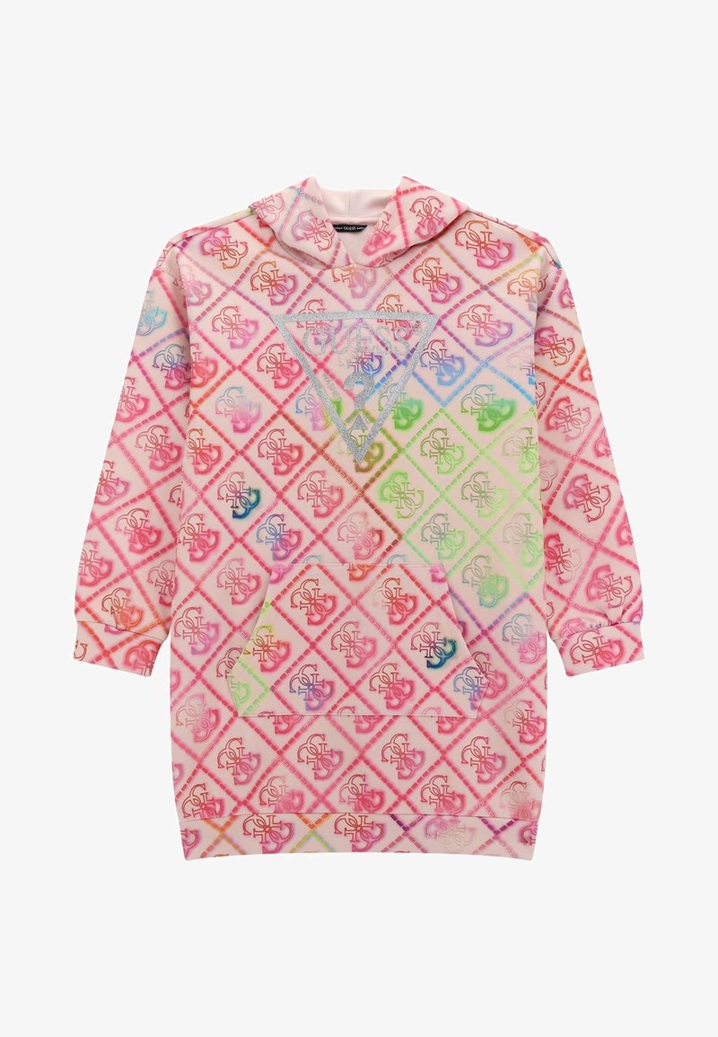 Sweat à capuche en tissu doux, avec un motif de losanges multicolores roses et un grand logo triangulaire argenté sur la poche avant.
