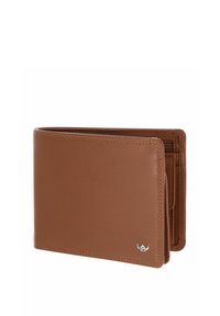 Portefeuille pliable en cuir marron avec des coutures visibles et un petit logo argenté en bas à droite, partiellement ouvert pour montrer un compartiment zippé.