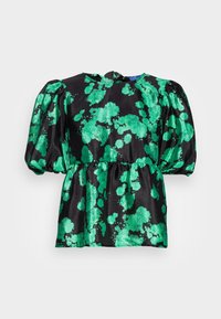 Blusa nera con maniche a sbuffo e motivo floreale astratto verde lucido, vita arricciata e scollatura rotonda con chiusura a pulsante sul retro.