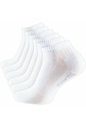 White ankle socks, made of soft fabric, featuring ribbed cuffs and breathable mesh sections. Six pairs are displayed.
