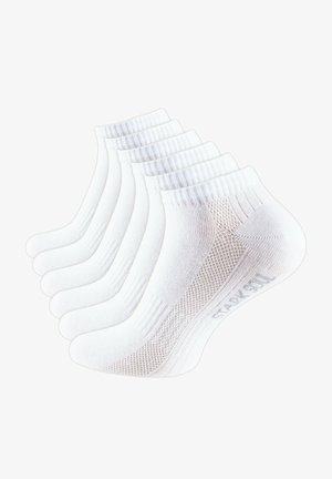 White ankle socks, made of soft fabric, featuring ribbed cuffs and breathable mesh sections. Six pairs are displayed.
