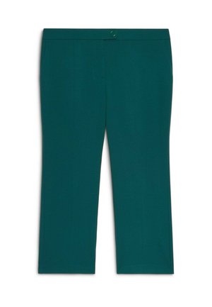 Tealgroene, cropped rechte broek met een sluiting aan de voorkant met knoop en rits, een vlakke tailleband en geen zichtbare zakken.