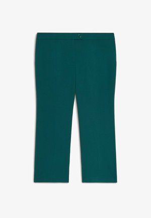 Pantaloni scurți din material teal, cu tăietură dreaptă, încheiere frontală cu nasture și fermoar, talie plată și fără buzunare vizibile.