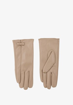 Beige leren handschoenen met een gladde textuur. Voorzien van een strikdetail op de pols en een ontwerp met vier vingers, zonder duimgedeelte.