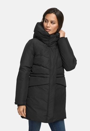Black padded coat with a high collar, featuring a zip closure, horizontal quilt lines, and a belted waist design. Soft, textured fabric.