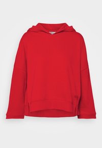 Sudadera roja con capucha hecha de tela suave. Presenta un ajuste holgado, aberturas laterales y un detalle bordado en el dobladillo. Mangas largas y capucha.