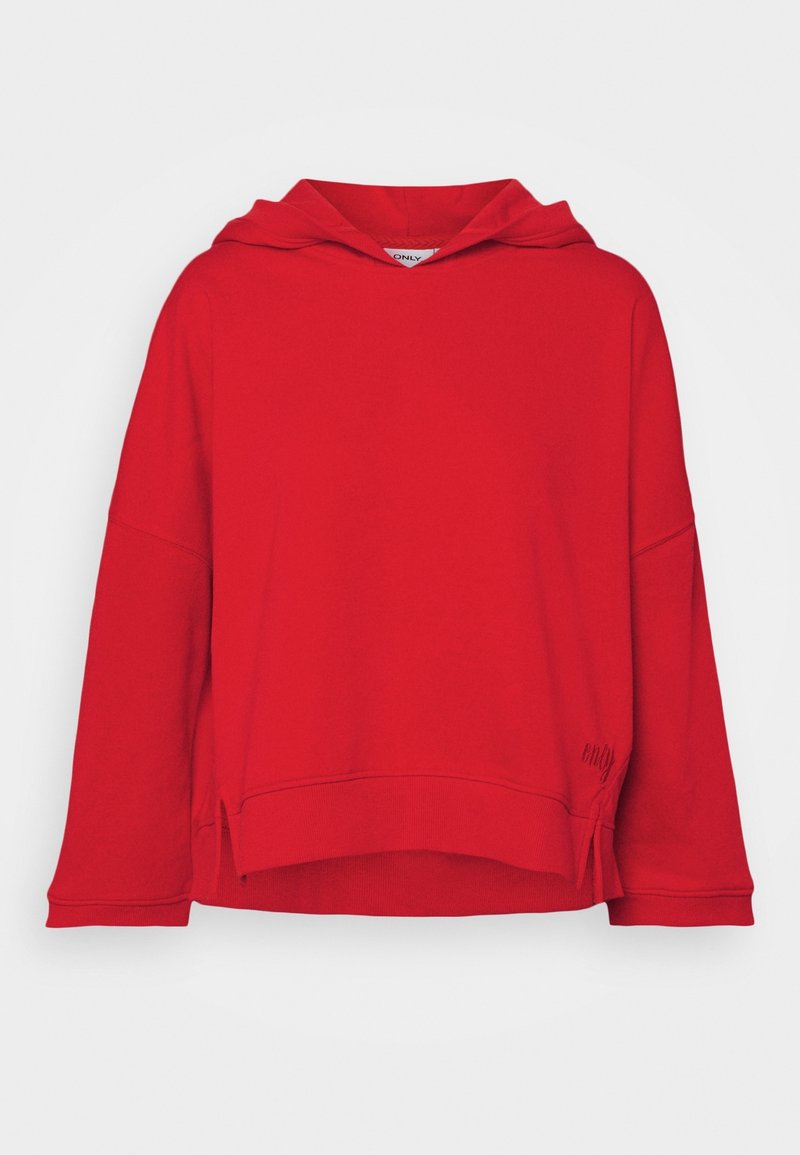 Sudadera roja con capucha hecha de tela suave. Presenta un ajuste holgado, aberturas laterales y un detalle bordado en el dobladillo. Mangas largas y capucha.
