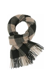 Sciarpa a scacchi in misto lana nera e beige, caratterizzata da estremità frangiate e un design ad anello per calore e comfort.