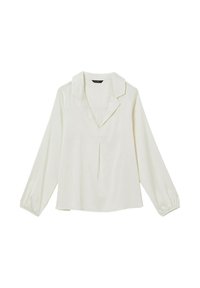 Blusa bianca a maniche lunghe con colletto a V, piccola plissettatura frontale e polsini leggermente arricciati.