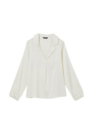 Blusa bianca a maniche lunghe con colletto a V, piccola plissettatura frontale e polsini leggermente arricciati.