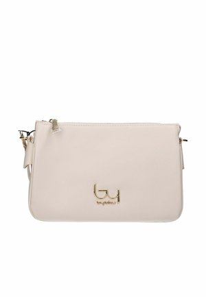 Piccola borsa a tracolla rettangolare beige con logo e chiusura a zip in tonalità oro, dotata di tracolla removibile.