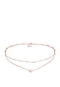 Roséguld lagdelt halskæde med to strenge, prydet med små perler og en hjertevedhæng i midten. Justerbar lås for en sikker pasform.