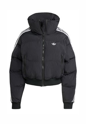 Black puffer jacket with high collar, front zipper, two zippered pockets, and white side stripes. Features ribbed cuffs and hem.
