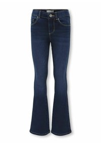 Jeans in denim blu scuro a campana con una finitura liscia, dotati di tasche anteriori, chiusura con zip e bottone. Dettaglio di cuciture a contrasto.