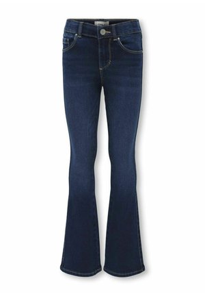 Jean en denim bleu foncé évasés avec une finition lisse, dotés de poches frontales, d'une fermeture éclair et d'un bouton. Détail de couture en contraste.