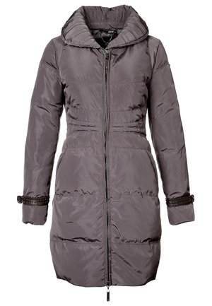 Długi, pikowany ciemnoszary płaszcz zimowy z wysokim kołnierzem, przednim zamkiem błyskawicznym i ozdobnymi plecionymi paskami na mankietach.