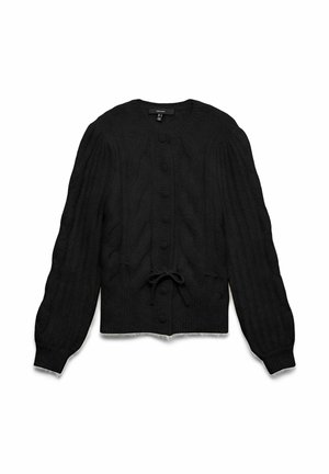 Cardigan noir en maille torsadée avec manches longues bouffantes, col rond, fermeture à boutons sur le devant et lien réglable à l'ourlet.