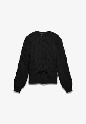 Zwarte kabelgebreide cardigan met lange pofmouwen, ronde halslijn, knoopsluiting aan de voorkant en verstelbare strikband aan de zoom.