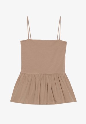 Top sem mangas, castanho claro, com alças finas, corpete justo e uma parte inferior peplum esvoaçante, feito de um tecido suave com uma textura lisa.