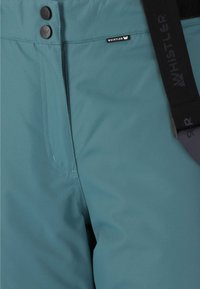 Teal utomhusbyxor med en slät yta, två svarta knappar i midjan och en diskret logotypetikett. Inkluderar justerbara svarta remmar.